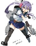  1girl absurdres akebono_(kancolle) bell belt bigkwl black_gloves blue_skirt blush boots brown_belt commentary dated dated_commentary double-parted_bangs flower foot_out_of_frame gloves green_sailor_collar grey_boots grey_thighhighs hair_bell hair_between_eyes hair_flower hair_ornament highres kantai_collection long_hair looking_at_viewer miniskirt one-hour_drawing_challenge open_mouth pink_flower pleated_skirt purple_eyes purple_hair rigging sailor_collar school_uniform serafuku shirt short_sleeves simple_background skirt solo standing thighhighs twintails twitter_username v-shaped_eyebrows white_background white_shirt zettai_ryouiki 