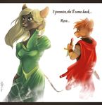  anthro blonde_hair cape clothed clothing dress duo english_text female fur hair holding_object kitty_silence male mammal mouse orange_hair rodent simple_background sword_hilt tan_fur text white_background 