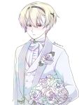  1boy black_hairband blonde_hair bouquet commentary_request fire_emblem fire_emblem_fates groom hairband highres holding holding_bouquet leo_(fire_emblem_fates) male_focus nknaxs red_eyes short_hair solo 