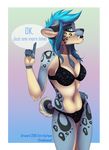 2016 5_fingers anthro black_nose blue_eyes blue_fur blue_hair bra clothing english_text eyelashes feline female fur gradiewoof hair mammal midriff navel panties saber-toothed_cat simple_background solo spots spotted_fur standing text underwear white_fur 