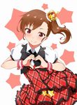  black_bow bow bowtie brown_eyes brown_hair crown dress fuku_d futami_mami heart heart_hands idolmaster idolmaster_(classic) long_hair looking_at_viewer mini_crown prologue_rouge side_ponytail smile solo star 