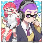  1girl amamiya_yuumu bad_id bad_pixiv_id bike_shorts domino_mask headphones inkling mask necktie pink_eyes pink_hair purple_eyes purple_hair smile splatoon_(series) splatoon_1 tentacle_hair 