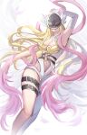  1girl angewomon blonde_hair boobplate border breasts cleavage clothing_cutout commentary_request covered_eyes digimon digimon_(creature) helmet helmet_over_eyes highres hip_vent large_breasts long_hair pink_ribbon ribbon sakuya_990331 simple_background single_leg_bodysuit solo stomach_cutout strapless_bodysuit white_background white_border white_wings winged_helmet wings 