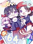  3girls adeleine ado_(kirby) beret bow cosplay crystal_shards doto_16163106 hat highres king_dedede king_dedede_(cosplay) kirby kirby_(series) kirby_64 looking_at_viewer multiple_girls one_eye_closed open_mouth plugg_(kirby) ribbon_(kirby) ripple_star ripple_star_queen round_eyewear sleeves_past_fingers sleeves_past_wrists stuffed_toy waddle_dee zero_two_(kirby) 