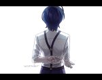  1boy ahoge arm_behind_back artist_name black_pants blue_hair crossed_fingers danganronpa:_despair_time david_chiem deception facing_away from_behind open_hand outstretched_arm pants shirt short_hair simple_background sleeves_rolled_up solo suspenders wcender white_background white_shirt 
