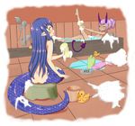  2girls ass bath_stool bathtub blue_eyes blush bucket butt_crack eyebrows highres horns indoors lamia looking_at_viewer looking_back multiple_girls nude partially_submerged pointy_ears purple_hair rubber_duck sitting sponge toes water yellow_eyes 