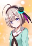  1girl absurdres ahoge black_flower black_ribbon black_rose blue_shirt closed_mouth commentary_request flower grey_hair hairband heaven_burns_red highres kosyou21057 minase_sumomo neck_ribbon purple_eyes ribbon rose sailor_collar shirt white_sailor_collar 