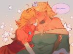  2girls after_kiss bare_shoulders blonde_hair blue_dress breasts closed_eyes commentary crown dlovesespresso dress english_commentary highres large_breasts long_hair mario_(series) mini_crown multiple_girls off-shoulder_dress off_shoulder pink_dress princess_peach rosalina saliva saliva_trail speech_bubble star_(symbol) yuri 