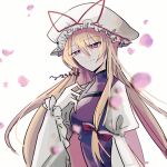  1girl blonde_hair bow breasts closed_mouth commentary_request dress falling_petals frilled_sleeves frills hair_bow hat hat_ribbon looking_at_viewer medium_breasts mob_cap petals pink_petals purple_eyes purple_tabard red_bow red_ribbon ribbon simple_background smile solo tabard touhou upper_body white_background white_dress white_hat wide_sleeves yakumo_yukari yatsushiki_shigi 