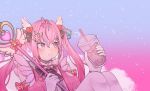  1girl artist_request blush bow bowtie check_artist detached_sleeves drink framers_vtuber_project hair_ornament heart-shaped_gem highres holding holding_staff kha_ai magical_girl pink_eyes sky staff star_(sky) twintails virtual_youtuber winged_hair_ornament 