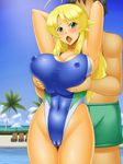  1boy 1girl blonde_hair breasts hoshii_miki idolmaster kawanuma_uotsuri large_breasts long_hair swimsuit 