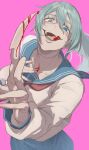  1girl blood blood_in_mouth blood_on_hands blue_eyes blue_skirt breasts commentary_request genderswap genderswap_(mtf) grey_eyes grey_hair heterochromia highres jujutsu_kaisen knife large_breasts long_hair looking_at_viewer mahito_(jujutsu_kaisen) neckerchief pink_background pleated_skirt red_neckerchief school_uniform shirt simple_background skirt solo stitched_face stitches tongue tongue_out upper_body user_atst4853 white_shirt 