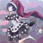  1girl arms_behind_back black_capelet black_dress blue_eyes blue_hair capelet commentary_request doremy_sweet dress hat leg_up looking_at_viewer nightcap pom_pom_(clothes) red_hat short_hair smile solo tail tapir_tail touhou two-tone_dress white_dress yatsushiki_shigi 