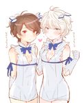  aldnoah.zero blue_ribbon blush cleavage_cutout cosplay crossdressing dress dungeon_ni_deai_wo_motomeru_no_wa_machigatteiru_darou_ka gloves hestia_(danmachi) hestia_(danmachi)_(cosplay) kaizuka_inaho matching_outfit multiple_boys ne_co_neco otoko_no_ko rei_no_himo ribbon slaine_troyard white_dress white_gloves 