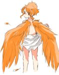  aquila_(kantai_collection) bare_back bird_wings black_eyes blush feathered_wings feathers hair_ornament hairclip high_ponytail kantai_collection long_sleeves looking_at_viewer looking_back naked_shirt open_clothes open_shirt orange_wings rebecca_(keinelove) shirt sketch solo sweat white_shirt wings 