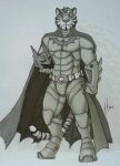  2016 anthro armor batman batman_(series) cape cheek_tuft clothed clothing dated dc_comics facial_markings facial_tuft felid front_view full-length_portrait fur glistening glistening_eyes head_markings headgear helmet hi_res holding_armor holding_headgear holding_helmet holding_object hufnaar hufnaar_(character) looking_at_viewer male male_anthro mammal markings monochrome mouth_closed pantherine portrait solo standing striped_body striped_face striped_fur striped_markings striped_tail stripes superhero_costume tail tail_markings tiger traditional_media_(artwork) tuft 