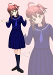  1girl absurdres ahoge alternate_costume bell blue_neckerchief blue_serafuku blue_shirt blue_skirt blue_socks breasts commentary_request full_body gen_komei_(minamotokimiaki) green_eyes hair_bell hair_ornament head_tilt highres hololive hololive_error long_hair looking_at_viewer medium_breasts neckerchief one_side_up pink_background pink_hair pleated_skirt sakura_miko school_uniform serafuku shirt shrugging skirt socks solo tachi-e virtual_youtuber x_hair_ornament zoom_layer 