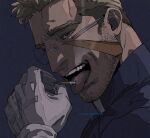  1boy alexander_anderson black_background blonde_hair cigarette coat commentary_request crazy_laugh glasses hellsing highres holding holding_cigarette male_focus priest sashimi_oran scar scar_on_face spiked_hair tongue tongue_out twitter_username 