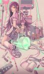  1girl apron arms_behind_back bandage_roll bandages biohazard_symbol blood blood_bag blue_skirt blush bound bound_wrists cable cardiogram commentary_request danganronpa_(series) danganronpa_2:_goodbye_despair eyelashes highres hnk holding holding_scalpel kneeling long_hair looking_back mole mole_under_eye monitor monokuma open_mouth pill pink_shoes pink_skirt purple_eyes purple_hair scalpel scissors shoes single_bare_foot skirt smile solo syringe teeth tsumiki_mikan upper_teeth_only white_apron 