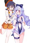  2girls absurdres ahoge belle_(summer_skies)_(zenless_zone_zero) belle_(zenless_zone_zero) blush bow breasts cleavage closed_mouth clothing_cutout cloud commentary_request earrings green_eyes hair_between_eyes hair_bow heart_cutout highres hitsuki_(ruon) jewelry looking_at_another medium_breasts mole mole_under_eye multiple_girls navel official_alternate_costume one-piece_swimsuit orange_shorts pink_eyes ponytail purple_hair see-through_clothes see-through_shirt shirt shorts sideboob simple_background standing standing_on_one_leg stomach swimsuit teeth vivian_banshee vivian_banshee_(iris_of_the_shore) white_background white_one-piece_swimsuit zenless_zone_zero 