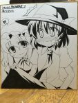  2girls absurdres asymmetrical_sidelocks blush bow bowtie closed_mouth clothes_lift collared_dress collared_shirt commentary_request dated dress embarrassed fang hair_bow hat hat_bow heart highres kikkawa_(citrus_fruits) maribel_hearn medium_hair mob_cap monochrome multiple_girls necktie photo_(medium) shikishi shirt short_sleeves sidelocks skirt skirt_lift smile speech_bubble sweat touhou traditional_media translation_request trembling usami_renko 
