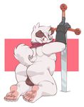  4_toes backsack balls brown_fur butt canine clothing dog fur gazpacho_(artist) gloves kneeling lambent_panpan looking_back male mammal melee_weapon neckerchief overweight raised_tail simple_background solo sword toes weapon white_fur 