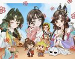  +_+ 1boy 5girls :d :o ;) black_hair blue_eyes blue_pants blue_robe blue_sky border brown_eyes brown_jacket changmingsuo cheng_heguang chibi chibi_inset chinese_clothes chinese_paper-cut cloud coat commentary_request cone_hair_bun creature creature_on_shoulder cup double_bun dragon eastern_dragon facial_mark feixianji_(hairstyle) flower forehead_mark glasses green_hair green_headband hair_bun hair_flower hair_ornament hair_rings hand_on_own_cheek hand_on_own_face hand_up hanfu headband highres holding holding_cup jacket jiu_niangzi jiu_niangzi_(blossom_spring_fairy) liang_yue_(reverse:1999) liang_yue_(the_moon's_reflection)_(reverse:1999) long_hair looking_at_viewer master_ren_(reverse:1999) mayfly_(reverse:1999) mini_person miniboy minigirl minnim mole mole_above_eye mule multiple_girls official_alternate_costume on_shoulder one_eye_closed outside_border pants paper_heron pink_coat pink_flower purple_flower purple_hanfu qiangliang_(reverse:1999) reed_(reverse:1999) reverse:1999 robe shirt sky smile snake upper_body white_border white_coat white_shirt yellow_eyes 