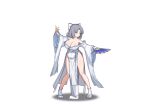  1girl :o animated animated_gif attack bare_shoulders blue_eyes blush body_blush bouncing_breasts bow breasts cleavage collarbone crossover fighting_stance folding_fan furisode game_asset grey_hair groin hair_bow hand_fan holding holding_fan japanese_clothes kimono large_breasts looking_at_viewer looping_animation lost_sword:_tales_of_britania low_neckline no_panties official_art paper_fan parted_bangs pelvic_curtain print_fan print_paper_fan revealing_clothes ribbon-trimmed_kimono ribbon_trim sandals senran_kagura shiny_skin short_hair side_slit simple_background socks solo spinning standing striped_bow tabi white_background white_bow white_kimono white_socks wide_sleeves yumi_(senran_kagura) zouri 