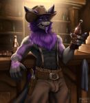  abs absurd_res alcohol alcohol_bottle arm_tattoo bar beer beer_bottle beverage beverage_bottle bodily_fluids bottle bottomwear bulge cheek_tuft clothing container cowboy cowboy_hat cowboy_outfit drunk facial_tuft fangs fluffy fluffy_chest glowing glowing_eyes gun handgun hat headgear headwear hi_res holster holstered_pistol holstered_revolver horn humanoid_hands jack_daniel's male muscular muscular_male nardoragon p3rcyy pants pistol ranged_weapon revolver saliva saliva_on_tongue saloon shirtless shirtless_male solo substance_intoxication suspenders tattoo teeth time_period tuft weapon western wet_tongue 