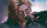  1boy blonde_hair blue_eyes chromatic_aberration commentary eyelashes heterochromia highres holding holding_microphone jewelry looking_at_viewer male_focus medium_hair microphone nct_(band) real_life red_eyes ring ryuzhang1212 solo sunglasses yuta_(nct) 