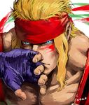  alex_(street_fighter) blonde_hair blood blood_on_face blue_eyes collarbone e.de.n fingerless_gloves gloves headband long_hair male_focus mullet muscle portrait shirtless sidelocks solo street_fighter street_fighter_iii_(series) suspenders wiping_face 