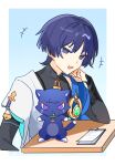  +++ 1boy anemo_symbol_(genshin_impact) animalization aqua_gem arm_at_side armor black_bodysuit blue_background blue_cape blue_sleeves blunt_ends bodysuit border bridal_gauntlets bright_pupils cape choppy_bangs clenched_hand commentary_request elbow_rest eyeliner fang furisode gem genshin_impact gold grey_bridal_gauntlets hand_on_own_face hand_up highres japanese_armor japanese_clothes kimono kote kurokote layered_sleeves looking_at_viewer makeup male_focus mandarin_collar notepad open_clothes open_kimono open_mouth person_and_animalization purple_eyes purple_hair purple_rope red_eyeliner rope scaramouche_(cat)_(genshin_impact) scaramouche_(genshin_impact) short_sleeves shoulder_peek side_cape skin_fang solo suyi42478390 table tsurime wanderer_(genshin_impact) white_border white_kimono white_pupils white_sleeves 