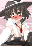  1girl 1other asymmetrical_sidelocks black_hat black_panties black_skirt blush bow breasts brown_eyes collared_shirt commentary_request fang hands_on_another's_leg hat hat_bow kikkawa_(citrus_fruits) kneehighs looking_at_viewer lying necktie on_back panties partially_unbuttoned pillow red_necktie shadow shirt sidelocks skirt small_breasts socks solo_focus textless_version touhou underwear undressing_another usami_renko v white_bow white_socks 