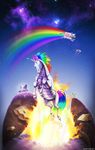  commentary_request crossover explosion fairy highres julia_lichty multicolored multicolored_hair multicolored_tail multicolored_wings no_humans nyan_cat orange_eyes personality_core portal portal_(series) portal_2 rainbow rainbow_hair robot robot_unicorn_attack space space_core tail unicorn watermark web_address wings 