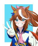  1girl :d animal_ears ascot blue_background blue_eyes blue_jacket blue_ribbon blush border bow brown_hair commentary ear_ribbon grin hair_between_eyes hair_bow hapi_(ht64hap) highres horse_ears horse_girl jacket long_hair long_sleeves looking_at_viewer multicolored_hair outside_border outstretched_arm pink_ascot pink_bow ribbon simple_background smile solo streaked_hair tokai_teio_(umamusume) umamusume upper_body white_border white_hair white_jacket 