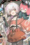  1girl abstract_background animal_ears beanie black_choker black_gloves black_hat blush_stickers bubble_skirt capelet charlotte_(madoka_magica) chinese_commentary choker commentary_request cowboy_shot elbow_gloves fake_animal_ears fingerless_gloves fur-trimmed_capelet fur_choker fur_trim geezhii gloves hand_up hat highres holding long_hair looking_at_viewer mahou_shoujo_madoka_magica mahou_shoujo_madoka_magica:_hangyaku_no_monogatari momoe_nagisa momoe_nagisa_(magical_girl) open_mouth pom_pom_(clothes) red_capelet red_skirt skirt smile standing suspender_skirt suspenders white_hair yellow_eyes 