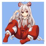  &gt;:) antenna_hair arm_garter baggy_pants blue_background bow closed_mouth collarbone commentary_request dress_shirt fujiwara_no_mokou full_body grey_shirt hair_bow highres juliet_sleeves long_hair long_sleeves looking_at_viewer nobori_ranzu pants puffy_sleeves red_eyes red_footwear red_pants shirt shoes silver_hair sitting smile solo suspenders touhou v-shaped_eyebrows very_long_hair white_bow 