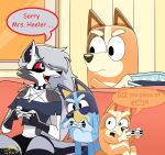  absurd_res angry annoyed anthro australian_cattle_dog babysitter bingo_heeler bluey_(series) bluey_heeler canid canid_demon canine canis cattledog censored_profanity chilli_heeler comic controller crossover demon dialogue domestic_dog female furniture game_controller group hellaverse hellhound helluva_boss herding_dog hi_res laundry_basket loona_(helluva_boss) mammal mythological_canine mythological_creature mythology nervous nervous_smile pastoral_dog sofa speech_bubble starpaintart wolf 