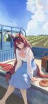  absurdres animal_ears basket blue_bow blue_eyes blue_skirt bottle bow braid breasts brown_hair cheese closed_mouth cloud commentary_request corked_bottle cracker feet_out_of_frame field food fruit hair_between_eyes hair_bow happy_birthday highres horse_ears horse_girl horse_tail kei_truck light_blush long_hair long_sleeves looking_at_viewer medium_breasts melon motor_vehicle on_truck outdoors pickup_truck pink_bow plate shirt single_braid sitting skirt sky super_creek_(casual)_(umamusume) super_creek_(umamusume) tail tree truck umamusume very_long_hair white_shirt yukii91218 