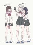 3girls :o absurdres arm_around_neck arm_at_side arms_at_sides ass black_hair bow bowtie brown_hair closed_eyes collared_shirt colored_tips commentary_request cup disposable_cup double-parted_bangs drinking_straw drinking_straw_in_mouth fanning_self full_body gradient_hair grey_hair grey_skirt hand_fan hand_up handheld_electric_fan highres holding holding_cup holding_fan hot leaning_on_person long_hair long_sleeves looking_at_another miniskirt miyao385 multicolored_hair multiple_girls open_mouth orange_eyes original parted_lips pigeon-toed pleated_skirt red_bow red_bowtie shirt shirt_tucked_in shoes side_ponytail simple_background skirt socks standing straight_hair sweat translation_request uwabaki white_background white_shirt white_shoes white_socks 