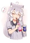  1girl ^_^ ahoge animal_ear_fluff animal_ears blush closed_eyes closed_mouth collared_dress commentary_request cropped_torso cup disposable_coffee_cup disposable_cup dress eating eighth_note facing_viewer food food_on_face grey_dress grey_hair hair_between_eyes highres holding holding_cup holding_food long_hair multicolored_hair musical_note nyaha original puffy_short_sleeves puffy_sleeves short_sleeves solo spoken_musical_note streaked_hair translated upper_body very_long_hair white_background white_hair 