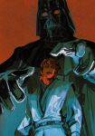  1boy 2boys anakin_skywalker belt black_cape black_cloak black_gloves black_robe blonde_hair brown_hair cape chromatic_aberration cloak commentary_request curly_hair darth_vader dual_persona energy_sword film_grain gloves helm helmet highres hood lightsaber long_sleeves looking_at_viewer male_focus mask multiple_boys mush_(mush007) open_mouth orange_background red_background robe short_hair simple_background star_wars sword upper_body weapon 