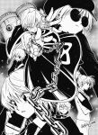  1boy chain clerical_collar commentary_request crystal_earrings disembodied_eye earrings hand_chains highres hunter_x_hunter jewelry kazuto_kohjima kurapika long_sleeves male_focus monochrome multiple_rings nen_(hunter_x_hunter) ring shirt short_hair solo sunglasses tabard white_shirt 