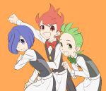  3boys apron blue_eyes blue_hair bow bowtie chili_(pokemon) cilan_(pokemon) clenched_hand commentary_request cress_(pokemon) green_bow green_bowtie green_eyes green_hair hair_over_one_eye looking_at_viewer male_focus minku_(miminkuru) multiple_boys open_mouth orange_background pokemon pokemon_black_and_white red_bow red_bowtie red_eyes red_hair simple_background waist_apron white_apron 