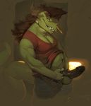  2016 anthro balls brown_hair clothed clothing darkgem dragon erection facial_piercing green_body grin hair horn long_hair long_tail looking_at_viewer male musclegut muscular muscular_male navel navel_piercing nose_piercing nose_ring pants pants_down partially_clothed penis piercing reptile scalie shirt side_view smile solo standing tank_top teeth yellow_eyes 
