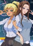 2girls absurdres amane_kei blonde_hair blue_eyes blue_sweater_vest breasts brown_hair dark_skin green_eyes gyaru gyaru_v highres holding ijichi_kotoko multiple_girls nail_polish otaku_ni_yasashii_gal_wa_inai!? school_uniform selfie skirt sweater_vest twobless v 