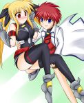  1boy 1girl blonde_hair blue_eyes blush carrying coat commentary_request cross_(crossryou) erio_mondial fate_testarossa fate_testarossa_(true_sonic_form) gauntlets gloves hetero long_hair lyrical_nanoha princess_carry red_eyes red_hair thighhighs twintails 