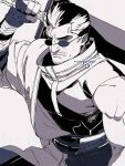  1boy arm_up asymmetrical_sleeves auron belt black_gloves black_hair black_pants coat commentary_request final_fantasy final_fantasy_x floating_hair full_body gloves grey_hair greyscale highres holding holding_sword holding_weapon huge_weapon male_focus mature_male monochrome multicolored_hair over_shoulder pants ponytail sashimi_oran shirt short_hair simple_background single_glove sketch solo standing streaked_hair sunglasses sword sword_over_shoulder weapon weapon_over_shoulder white_background 