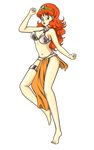  :d alternate_costume bangs barefoot bikini_top breasts choker dancer dancer's_costume_(dq) dragon_quest dragon_quest_i earrings full_body green_eyes highres jewelry leg_up loincloth long_hair metal_bra open_mouth orange_hair princess princess_laura professormegaman smile solo thigh_strap tiara transparent_background 