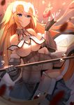  armor armored_dress bare_shoulders blonde_hair blue_eyes blurry breasts chain closed_mouth commentary_request depth_of_field dutch_angle fate/apocrypha fate/grand_order fate_(series) flag flower gauntlets greaves headpiece jeanne_d'arc_(fate) jeanne_d'arc_(fate)_(all) long_hair medium_breasts red_flower red_rose rizky_(strated) rose smile solo thigh_gap 